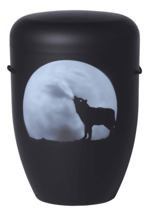 Silhouette, Wolf vor Mond mit Strassstrein