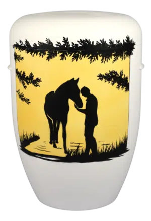 Mann mit Pferd, Scherenschnitt, Hintergrund: lichtgelb