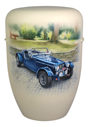 Blauer Oldtimer mit Hintergrund